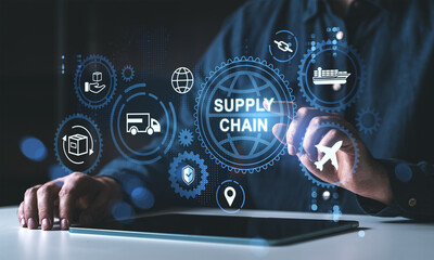 Futuristic supply chain logistics concept with holographic icons and human interaction in a dark tech environment background.