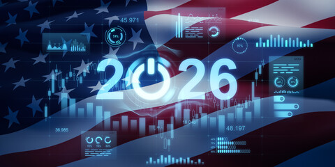 2026 digital technology and economic data concept overlaid on waving USA flag in double exposure style indicating future finance and innovation vision. 3D Rendering