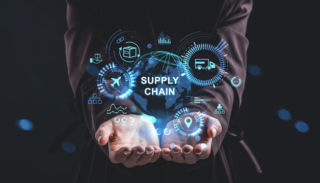 Futuristic supply chain concept with digital hologram interface above open hands showing logistics icons and global connectivity visualization.