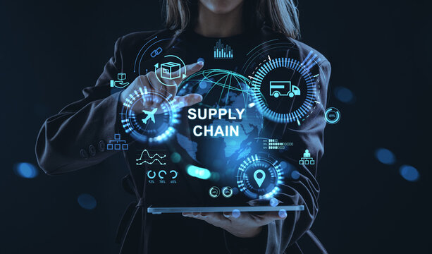 Woman interacting with futuristic hologram interface showing supply chain concept and logistics network on digital tablet in business environment. - Powered by Adobe