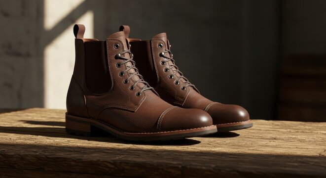 Brown leather boots on wooden surface stylish footwear for various purposes - Powered by Adobe