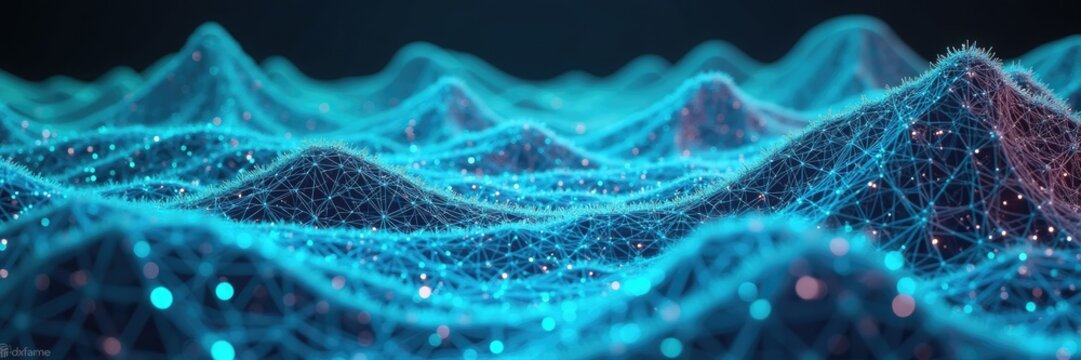 Intricate network of glowing blue and red lines forms a mesmerizing three-dimensional topography, representing data structures or digital landscapes, with a gradient backdrop for depth and visual... - Powered by Adobe