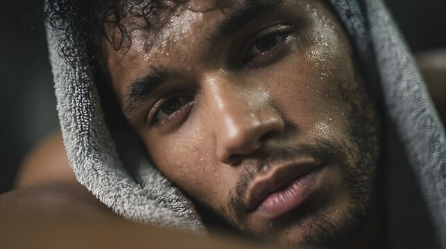 Close up portrait of a sweaty tired man resting with a towel after a strenuous workout