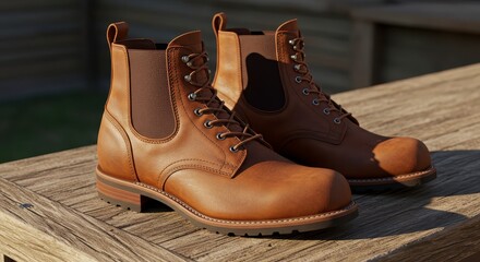 Leather boots on wooden surface product showcase fashionable footwear
