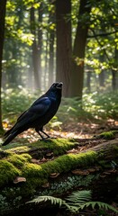 Raven in a Sunlit Forest - A Glimpse of Natures Majesty.