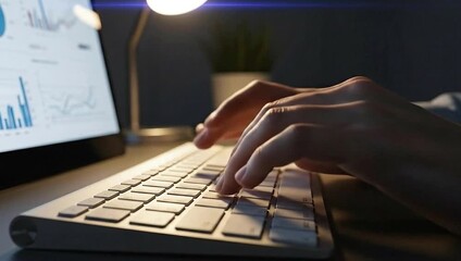 Hands typing on a keyboard in the dark, data on a monitor, with a desk lamp illuminating the scene - Powered by Adobe