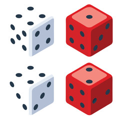 Isometric view of rolling red and white six sided dice