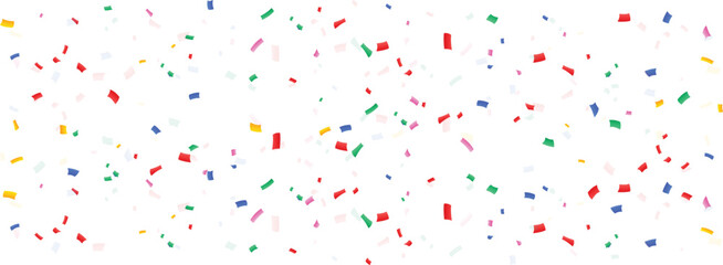 Colorful confetti scattered background on white, perfect for celebration, party, carnival, birthday, or festive decoration themes used in posters, greeting cards, and event invitations