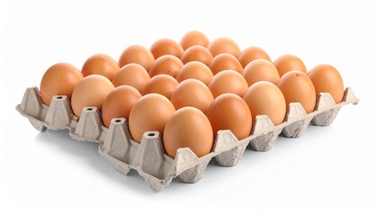 "Carton tray with 23 brown eggs plus one extra egg on white background."