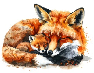 Watercolor illustration depicts a mother fox and cub curled together, embracing sleep. The rich colors create warmth