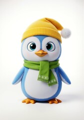 Obraz premium Cute blue penguin character wearing a yellow hat and green scarf for winter fun