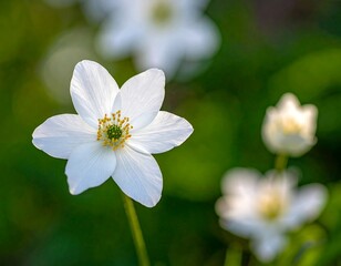 Close-up of a delicate, white flower with a yellow center, set against a blurred green background, with other white flowers in the background