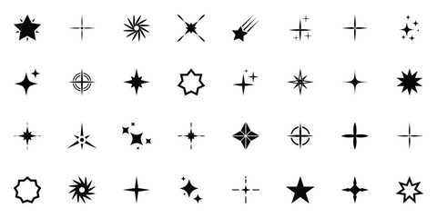 Sparkle icons, black glowing vector, minimal star icons. Sparkles shine icon, Vector illustration of stars set isolated on white background
