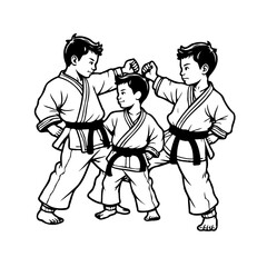 A trio of young martial artists demonstrates focus and discipline in their training session black