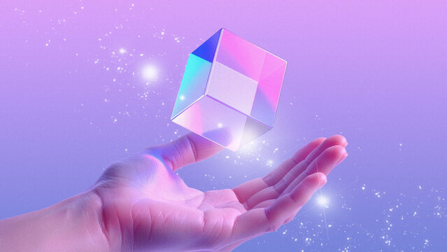 Holographic cube floating above hand with pastel light and sparkles, futuristic Y2K aesthetic background for design and branding use