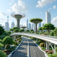 interchange, IC, pedestrian overpass, pedestrian bridge, sky garden walkway, sky garden pedestrian, merge lane, ramp, urban planning, road planning in urban planning, AI Generative