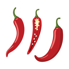 Three vibrant red chili peppers showcasing whole and cut variations