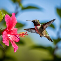 Fototapeta premium Hummingbird Hovering Near a Vibrant Pink Hibiscus Flower in Natural Light.