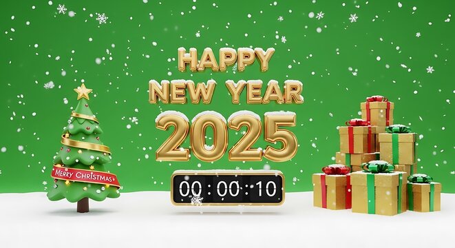 New Year 2025 Countdown with Christmas Tree and Gifts. - Powered by Adobe