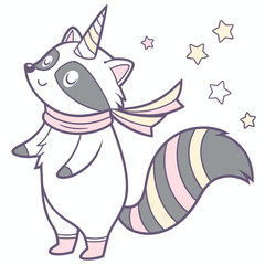 Cute Dreamy Raccoon, accessorized with with a scarf, in a Unicorn Dreams world – Unicorn Dreams palette vector
