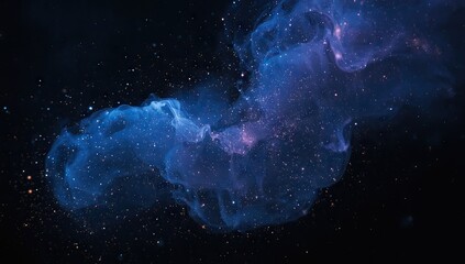 Abstract background features a swirling, ethereal blue and purple nebula-like formation against a dark backdrop, creating a sense of depth and cosmic wonder with scattered luminous particles.