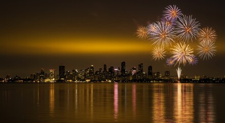City silhouette fireworks reflection banner background