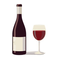 A still life depiction of a bottle of red wine and a glass