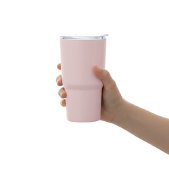 Hand Holding Pink Tumbler Isolated on Transparent Background
