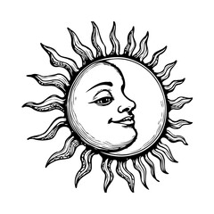 Celestial Harmony: Sun and Moon Face Embrace in Hand-Drawn Cosmic Artwork Depicting Balance