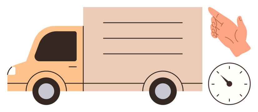 Delivery truck highlighted with a clock emphasizing punctuality, paired with a hand gesture. Ideal for logistics, transportation, delivery services, punctuality, efficiency, time management, simple