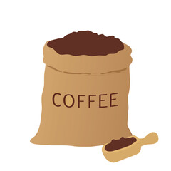 A simple illustration of a coffee bean sack with a scoop