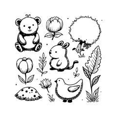 Charming monochrome hand drawn animal and floral doodle collection providing a whimsical and