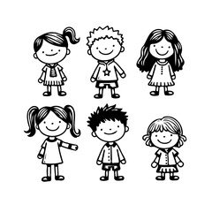 Cheerful hand-drawn kids illustrations in black and white showcasing different hairstyles and