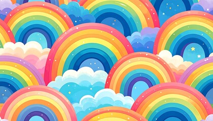 Vibrant Cartoon Rainbows and Fluffy Clouds Seamless Pattern.