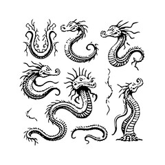 Collection of artistic rendered mythical creatures representing eastern design elements with