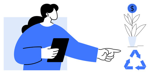 Woman pointing to a potted plant with a dollar sign and a recycle sign nearby. Ideal for sustainability, green business, environmental care, eco-investment, renewable energy, circular economy, simple