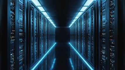 Immersive digital data center corridor with glowing blue server racks and futuristic lighting, representing powerful cloud computing and network infrastructure. - Powered by Adobe