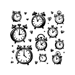 Fototapeta premium Collection of hand-drawn clocks amidst floating heart doodles conveys time awareness and affection