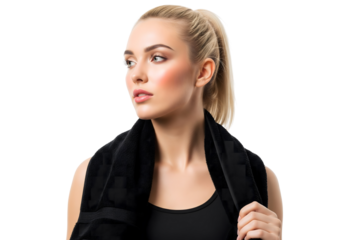 A fit and healthy woman with a towel, looking thoughtfully off to the side