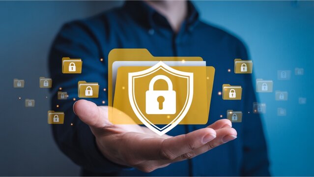 Data Protection Man Holding Folder Icon with Shield and Padlock for Cybersecurity and Privacy