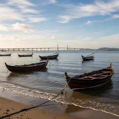 Fototapeta premium Tranquil boats on Tagus River near Lisbon with Vasco da Gama Bridge.