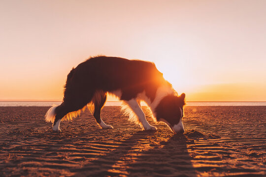 Border Collie sniffing sand at sunset beach  
