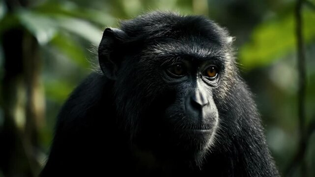 Close-up of Black Monkey in Jungle - A striking close-up of a black monkey with intense gaze. The monkey is set against a lush green jungle background, emphasizing its striking dark features.