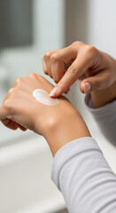 A person applying white cream to the back of their hand with a finger.