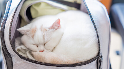 Content tabby cat resting inside a soft carrier bag  

