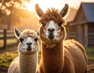Obraz premium Two adorable llamas, one light and one brown, gaze toward the camera in warm sunlight. A wooden fence and rustic barn provide a rural backdrop