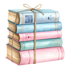 Watercolor stack of colorful books, tied with twine, against a transparent background
