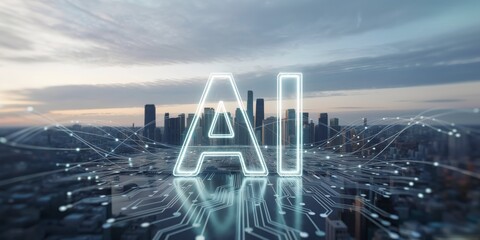AI Letters, Circuit Board Pathways Overlooking a Futuristic Smart City Skyline, Advanced Urban Technology. Development & Connectivity, Connected Metropolis. Digital Infrastructure and AI Integration