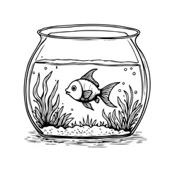 Detailed line drawing of a goldfish in a round glass bowl with aquatic plants