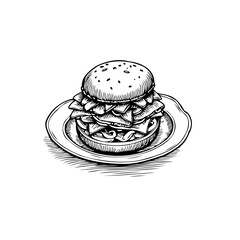 Detailed sketch of a towering burger on a plate showcasing culinary design and presentation a